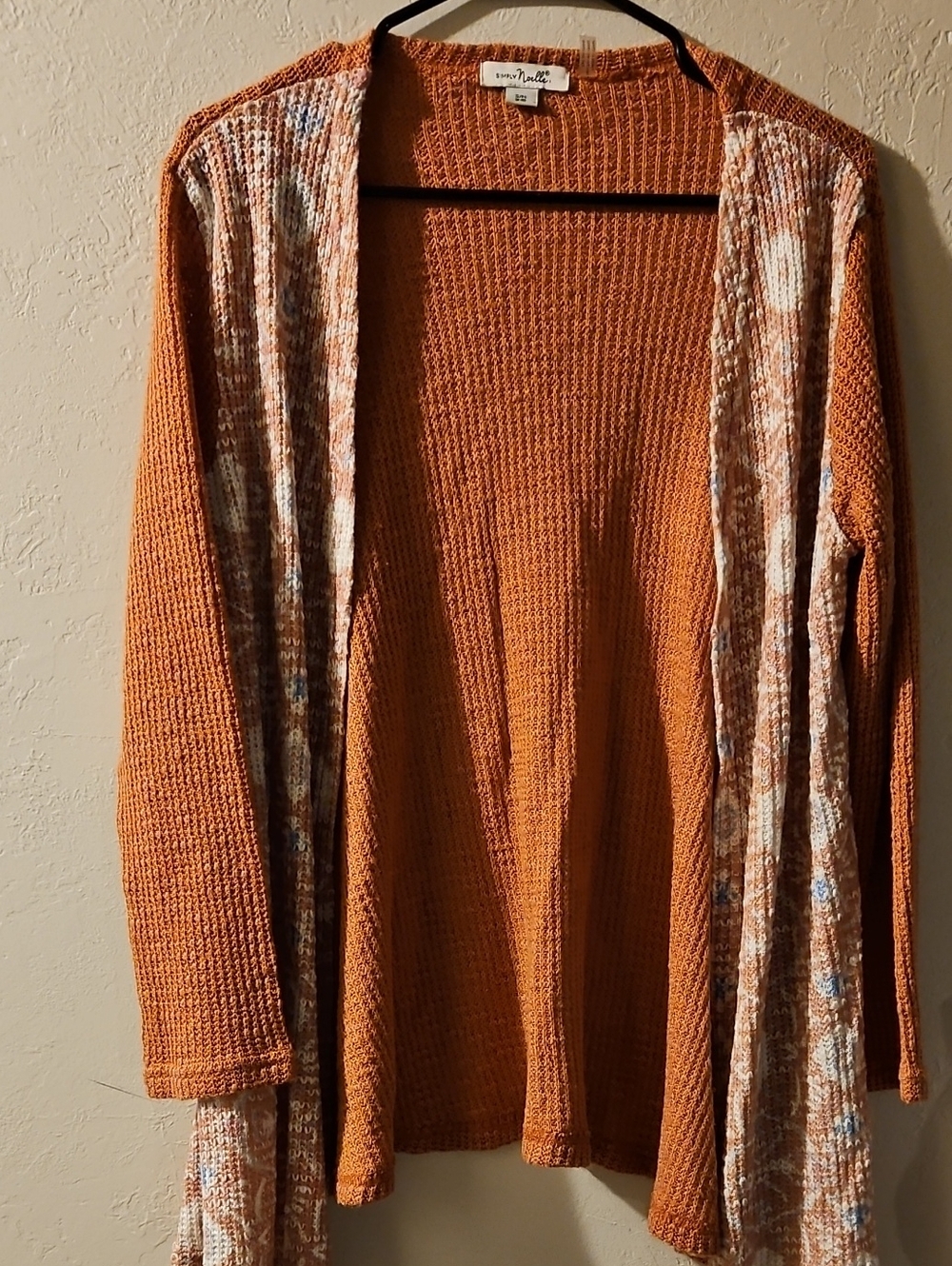 Simply Noelle Rust Orange Open-Front Cardigan with Patterned Panels